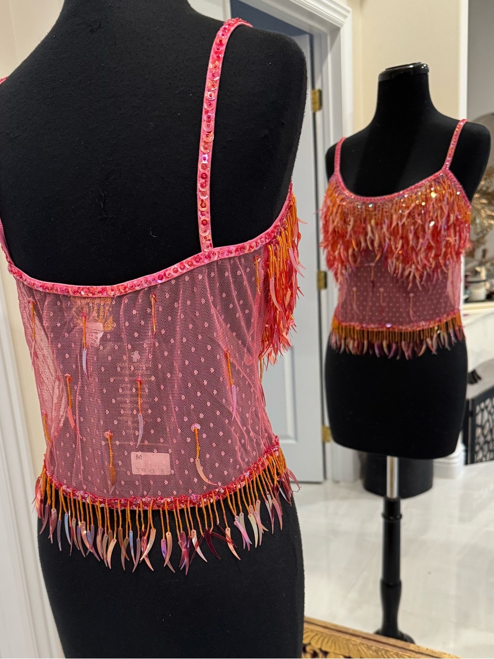 Beaded Fringe Pink Sequin stretch mesh Attitudes by Debra Cami Top - Picture 3 of 5